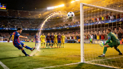 欧冠联赛中梅西标志性弧线任意球直接破门的精彩瞬间