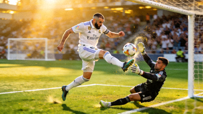 西甲联赛中本泽马在禁区内巧妙挑射越过门将的进球画面