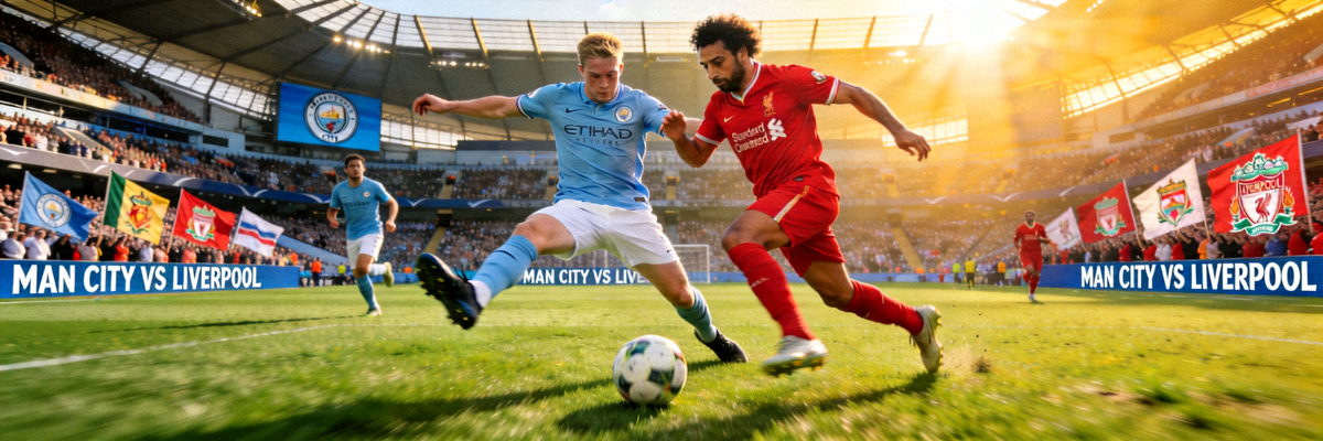 英超焦点战曼城对阵利物浦的赛场预览图，显示两队球员在绿茵场上激烈拼抢的瞬间